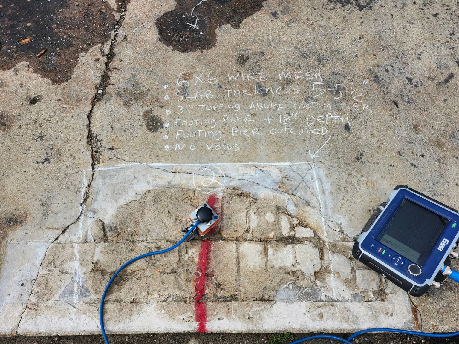 An exterior slab with a GSSI radar unit and antenna beside a chalk-outlined area and notes: 6x6 wire mesh, slab thickness 5 to 5.5 inches, 3 inch topping above footing pier, footing pier plus 18 inch depth, footing pier outlined, no voids.